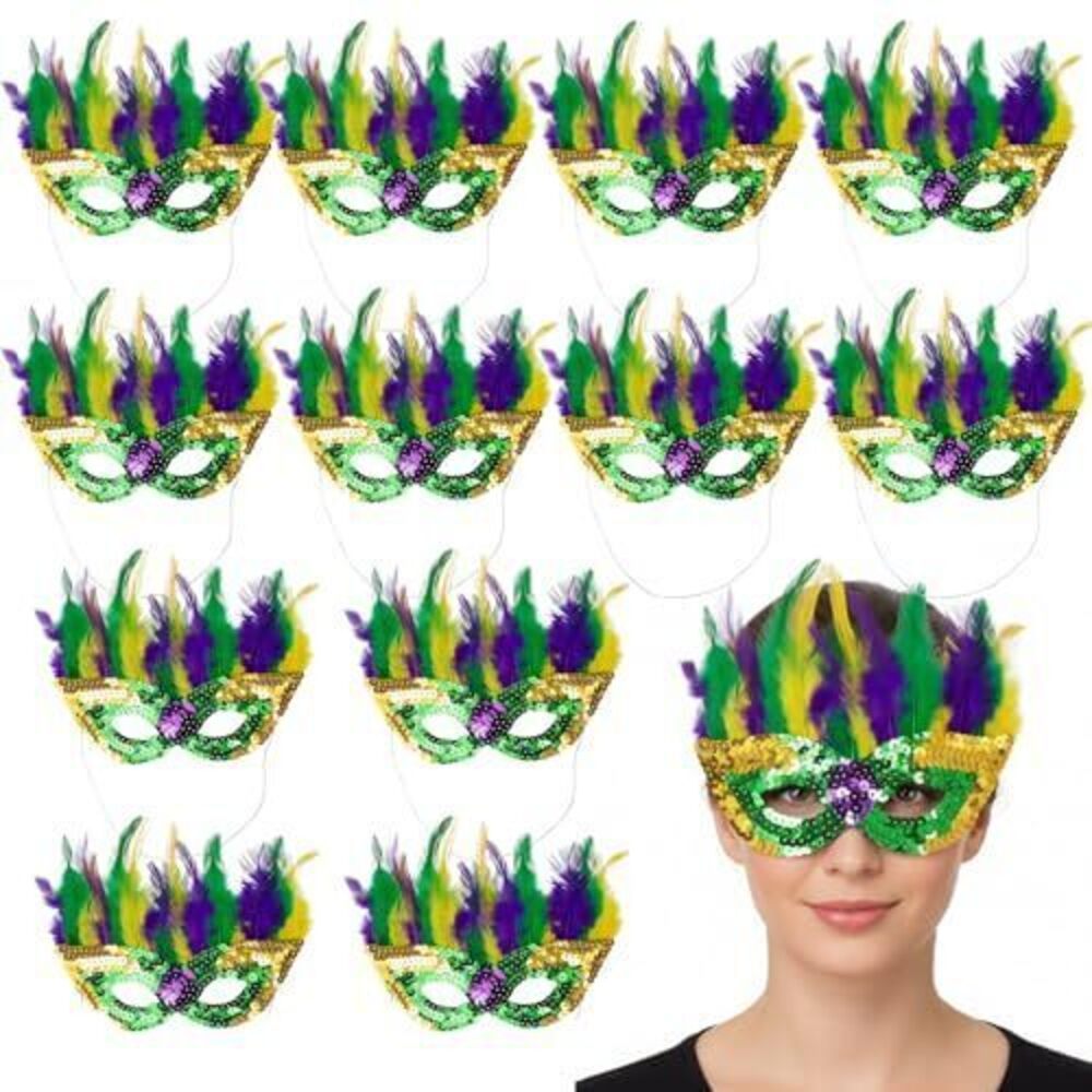8136 6 3/4" x 9" Green, Gold & Purple Sequin Mardi Gras Masks with Bright